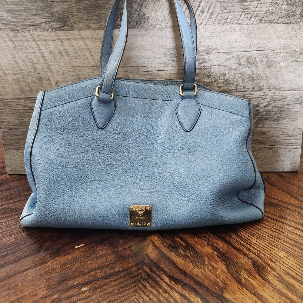 Authentic Vintage MCM München Blue Pebbled Leather Satchel Tote